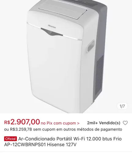 Ar-Condicionado Portátil Wi-Fi 12.000 btus Frio AP-12CWBRNPS01 Hisense 127V