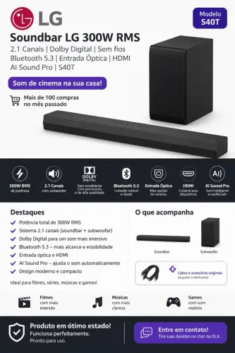 Soundbar LG 300W RMS S40T 2.1 Canais com Subwoofer Bluetooth HDMI Dolby Digital