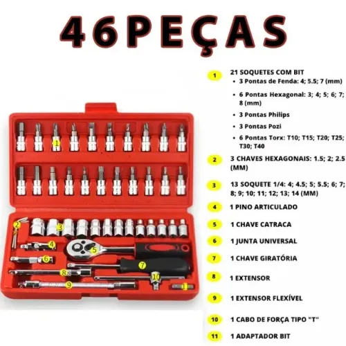 Jogo de Soquete com Catraca Reversível 46 Peças
