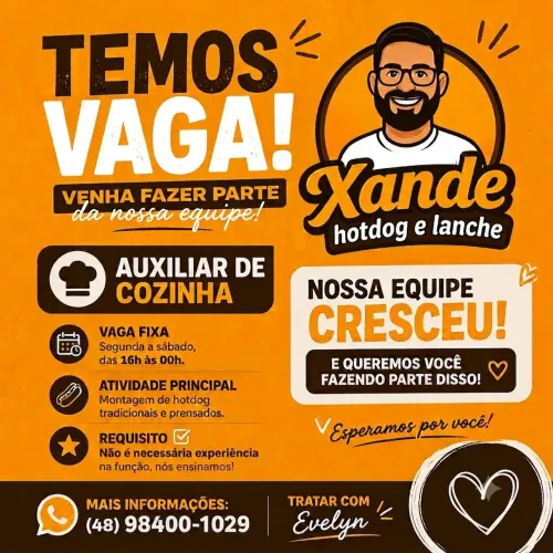 VAGA PARA AUXILIAR DE COZINHA / MONTAGEM DE HOTDOG