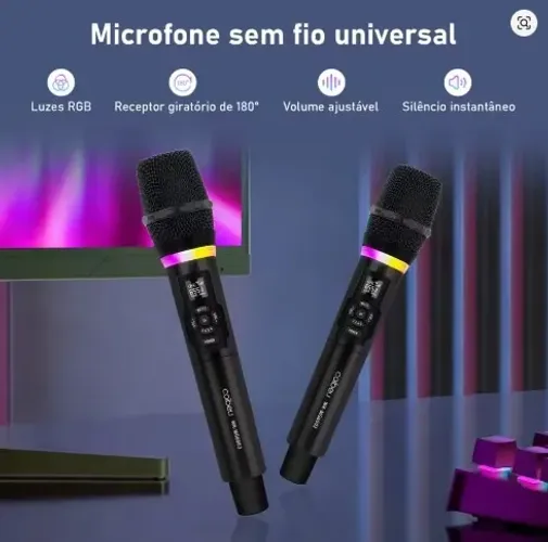 NOVO Microfone Duplo sem Fio Recarregavel, RGB Karaoke Coibeu