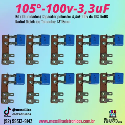 Kit de Capacitores 3,3uF 100v dc 10% RoHS - 10 unidades
