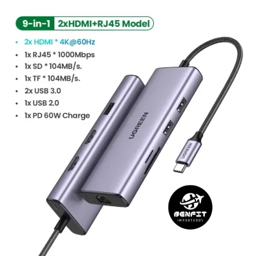Hub Ugreen Adaptador Tipo C para 3xUSB A + 2x Hdmi + RJ45 + SD + TF + PD 60W