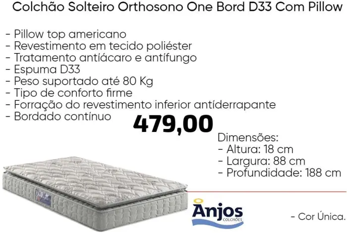 Colchão Solteiro Orthosono One Bord D33 com Pillow- ENTREGA HOJE!!