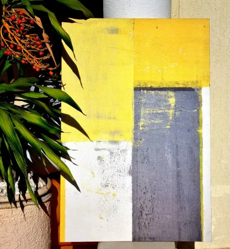 Quadro abstrato moderno em tons de amarelo e cinza, 120x80cm