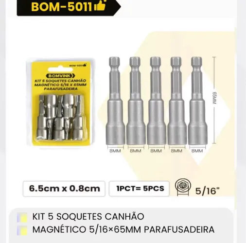 Kit 5 socket canhão para parafusadeira