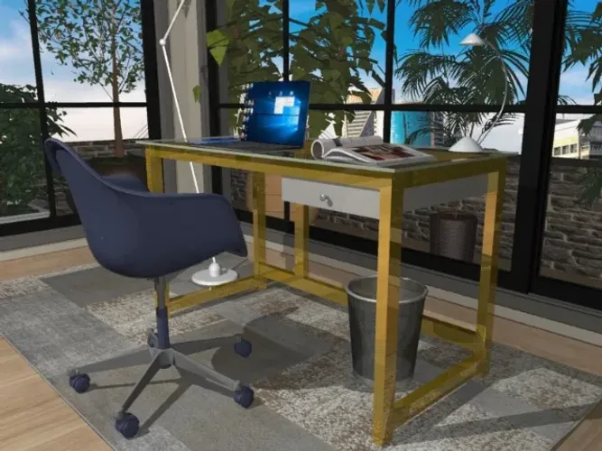 Mesa de Escritório Gold Delluxe. Em Madeira Maciça e Vidro 8mm. L105 x P50cm x A74cm.