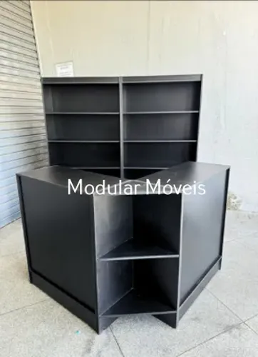 Balcão Caixa em L + Balcão Atendimento + 2 Estantes Prateleiras - MDF Preto