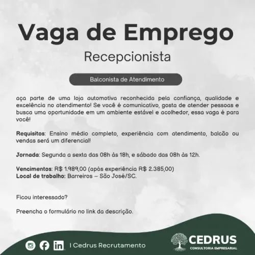 Recepcionista I Balconista de Atendimento I em Barreiros #333131