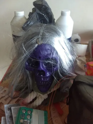 halloween cabeça de caveira roxa com cabelo( som e movimentos)