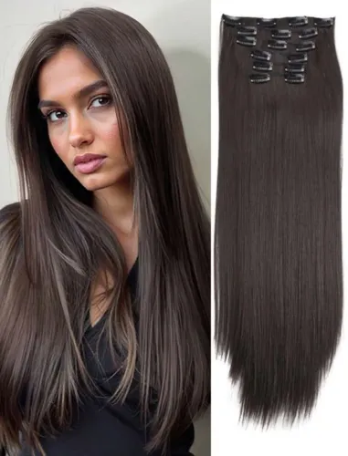 6 peças/conjunto de extensão de cabelo castanho escuro com 16 clipes