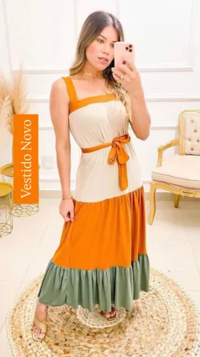 Vestido Longo Laranja/Bege/Verde - Novo! Moda verão