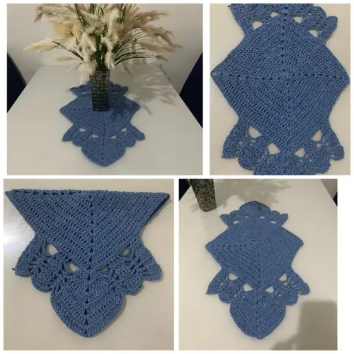 caminho de mesa azul artesanal em crochê