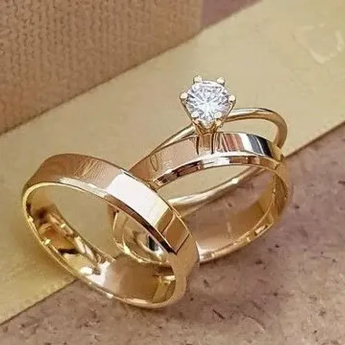 Par de Alianças Tradicionais Chanfradas 6mm Ouro18K Banho + Solitário. Casamento - Promo!
