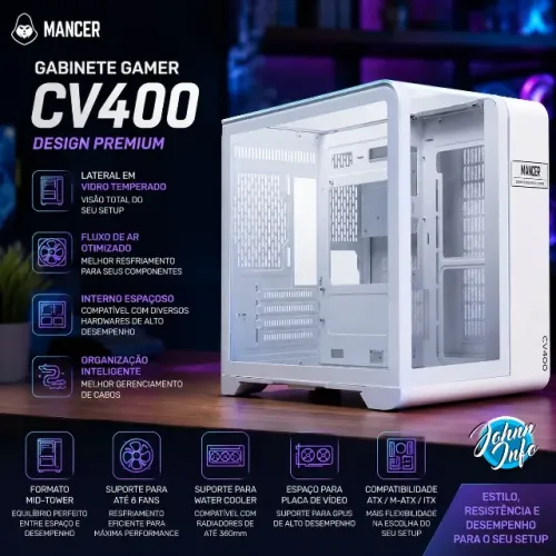 Gabinete Gamer Mancer Cv400, Mid-tower, Branco, Mcr-cv400-wh Branco
