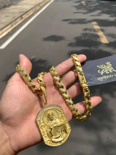 Corrente friso s 8mm + pingente premium 100% moeda antiga idêntico ao ouro 18k