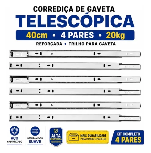 4 pares corrediça de gaveta telescópica 40cm 