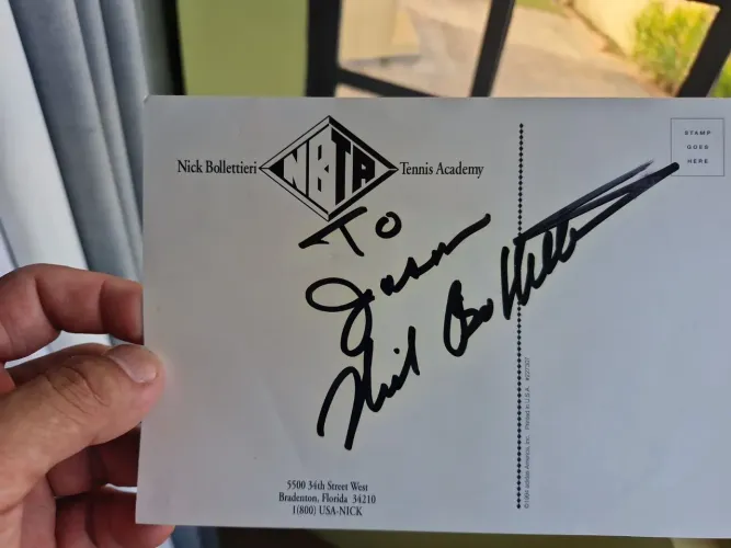 Cartão Postal Autografado Nick Bollettieri Tennis Academy Adidas 1996
