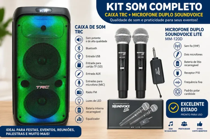 KIT SOM COMPLETO À VENDA - CAIXA TRC + MICROFONE DUPLO SOUNDVOICE