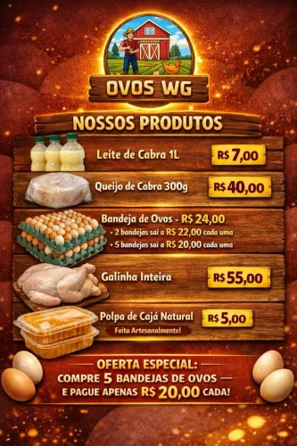 Ovos, Leite&Queijo de Cabra, Polpa, Galinha Caipira Completa.