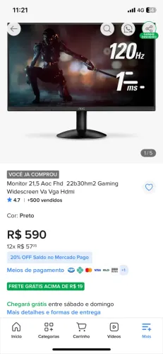 Monitor Aoc 21,5. 120hz ! Aceito cartão até 10x