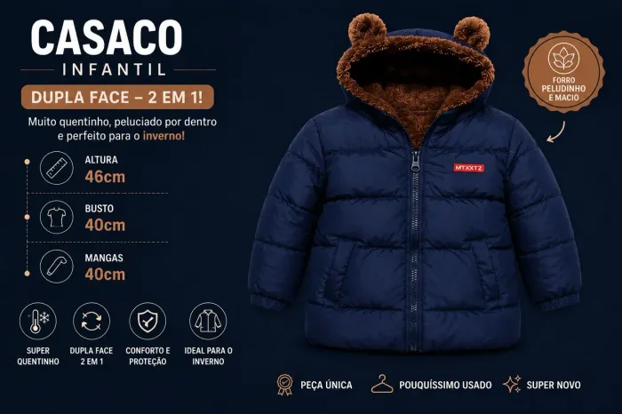 Casaco Infantil Quentinho e Dupla Face