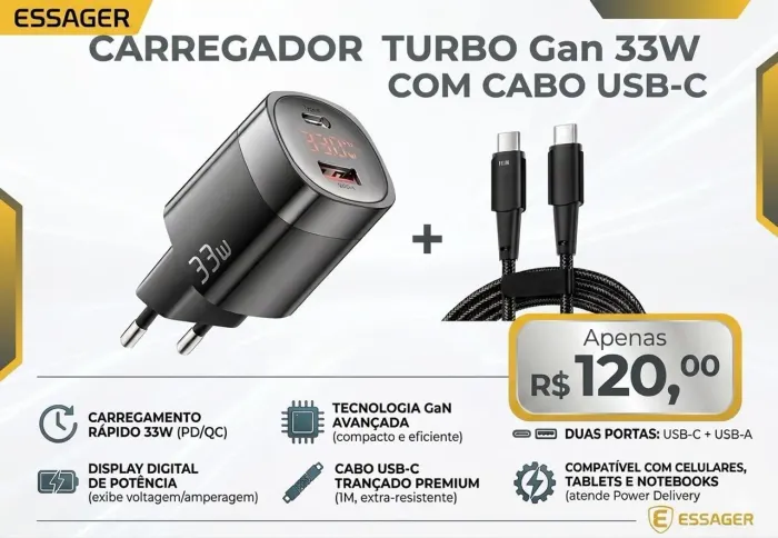 Carregador 33W Com Display Essager Com Cabo (Original e Lacrado)