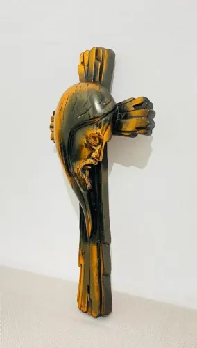Crucifixo De Parede Face De Cristo Em Gesso Ouro Velho 