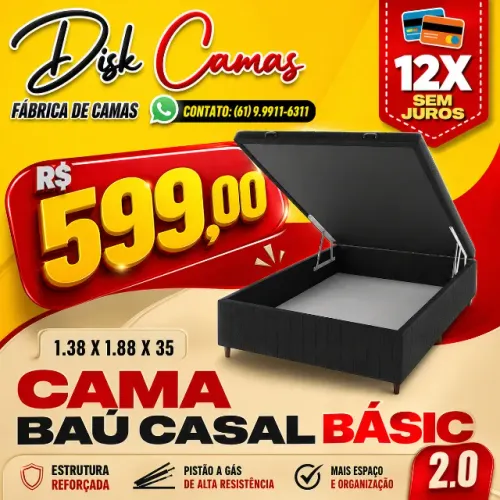 Cama Baú Casal 1.38x1.88 com Baú - Organização e Conforto no Seu Quarto!