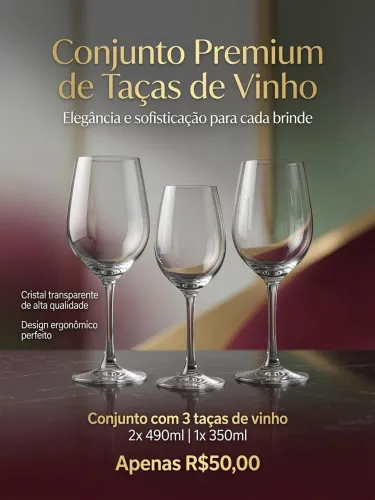 Conjunto com 3 taças de vinho. 2 de 490ml e 1 de 350ml