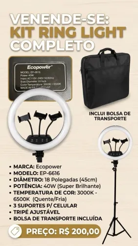 Ring Light Profissional Ecopower 18" + Tripé e Bolsa