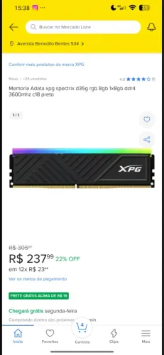 Memória adata xpg spectriz d35g 8gb ddr4 3600mhz c18 preto 