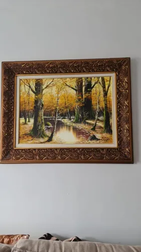 Quadro Óleo Sobre Tela Paisagem De Outono Floresta E Rio Com Moldura Clássica.