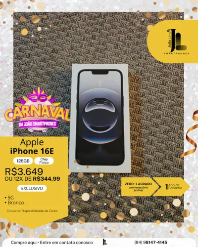 IPHONE 16E, 5G, 128GB, BRANCO, LACRADO, EXCLUSIVO!