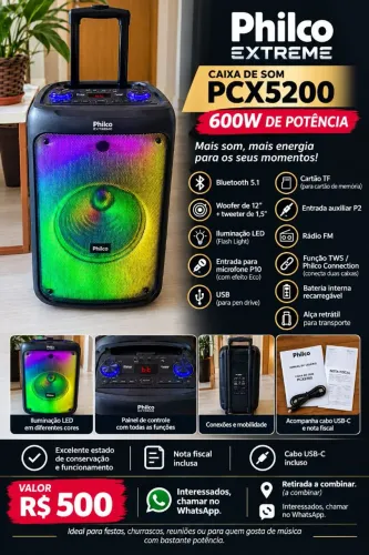Caixa de Som Philco Extreme 600W PCX5200 Bluetooth 5.1