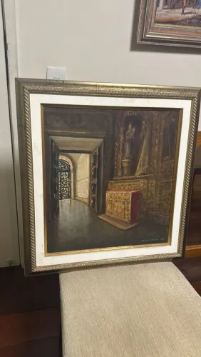 Quadro óleo sobre tela com moldura retratando o Mosteiro de São Bento no Rio de Janeiro