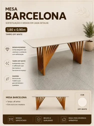 Mesa Barcelona 1,80x0,90 tampo offwhite, moderno em madeira