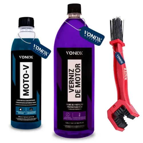 KIT LIMPEZA E ESTÉTICA MOTO: MOTO-V + VERNIZ DE MOTOR + ESCOVA