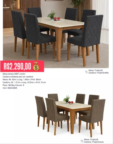 Mesa de Jantar 6/Cadeiras Tampo com vidro