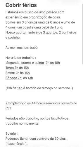 Cobrir férias secretaria domestica