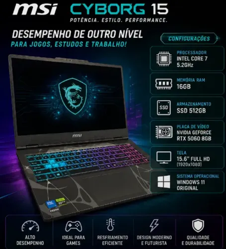 Notebook Gamer MSI RTX 5060 8GB - Core Ultra 7 240H 5.2GHz -16GB DDR5 - 512GB - 144Hz IPS