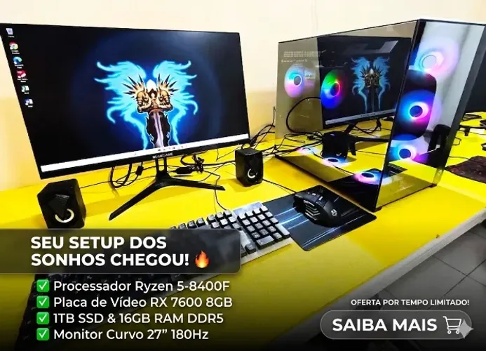 Setup Gamer Ryzen 5-8400F RX 7600 16gb Ram Ddr5 Ssd 1Tb Tela Curva 27 180Hz