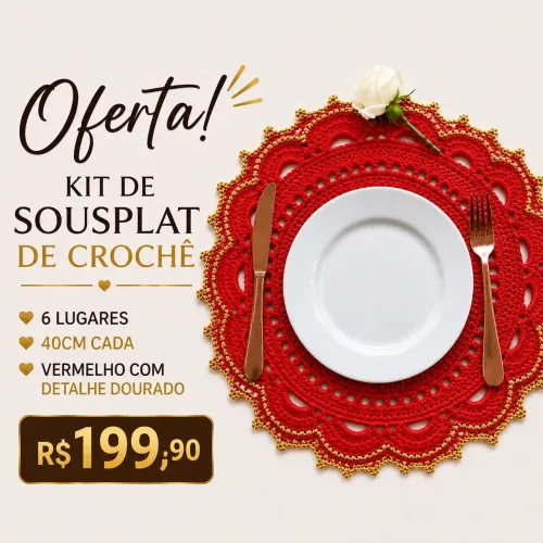 Kit Sousplat de Crochê Luxo, 6 lugares, Mesa posta, Decoração de mesa deNatal