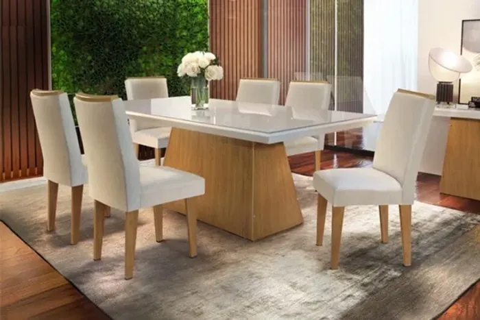 Mesa de Jantar Luna Imbuia180×90 6 Cadeiras Lunara Pérola Até 12x