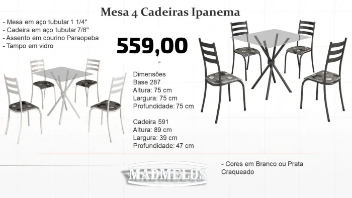 Mesa 4 cadeiras vidro 75x75 Ipanema acento corino - FRETE GRÁTIS 