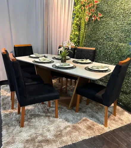 Mesa de Jantar Veneza em Branco com 6 lugares, cadeiras pretas no tecido suede TM: 1.60x90