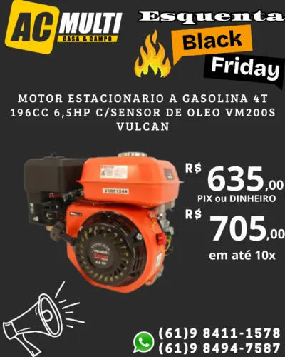 Motor estacionario a gasolina 4T 196cc 6,5HP c/sensor de oleo VM200S Vulcan