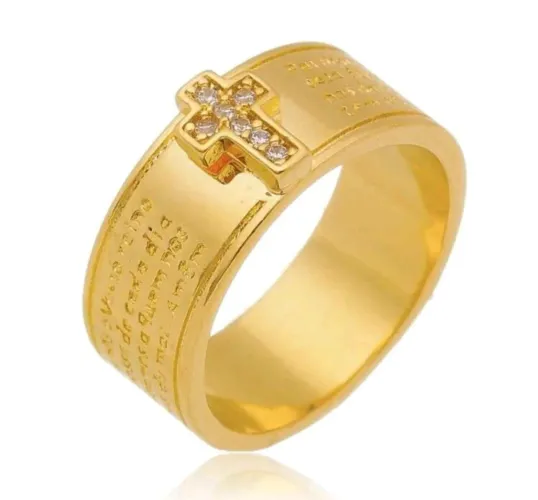 Anel feminino, banhado a Ouro 18k com Cruz e Pedras