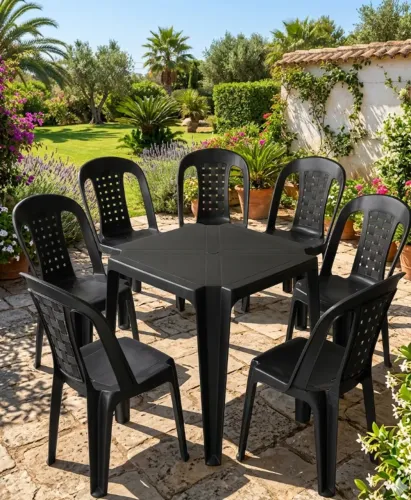 [DESCONTÃO] Conjunto Mesa e 7 Cadeiras Empilháveis Plástico- 3x R$112 no cartão de crédito
