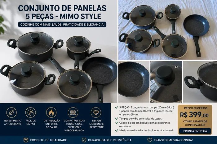Jogo de Panelas Mimo Style - 5 peças | Fundo Triplo | Compatível com Indução